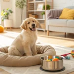 A cute puppy sitting in a cozy living room with a new bed and toys.