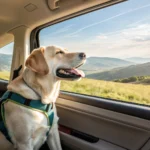 A dog wearing a seatbelt harness in a car, looking out the window.