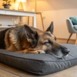 A senior dog resting comfortably on an orthopedic bed.