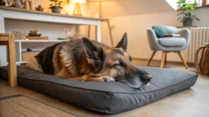 A senior dog resting comfortably on an orthopedic bed.