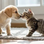 A puppy and a kitten meeting for the first time.
