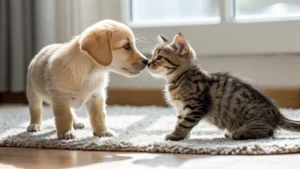 A puppy and a kitten meeting for the first time.